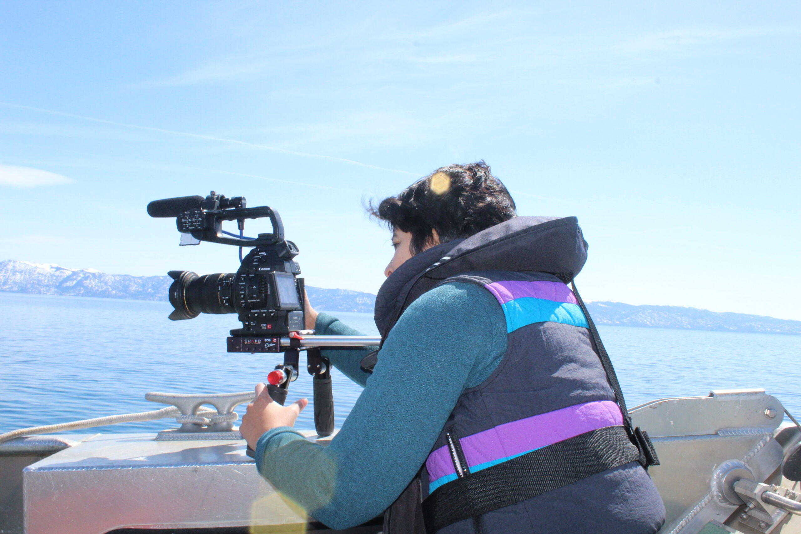 Vanesa on a UC Davis research boat in Lake Tahoe, 2023. Photo by Sydney Peerman