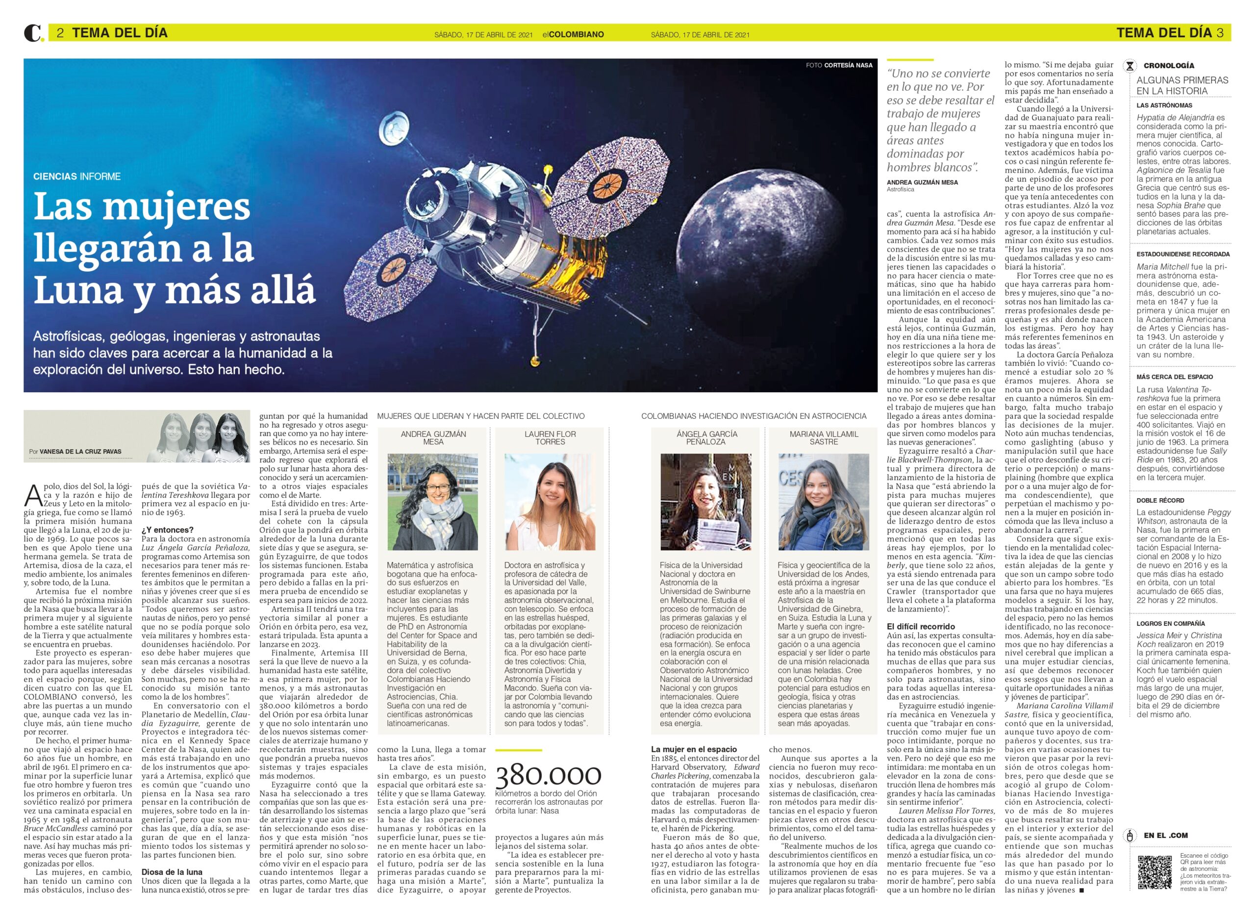 Article on women in astrophysics and the trip to the moon by Vanesa de la Cruz, El Colombiano. 